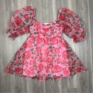 Thirty‎ Thirty LA Pink Red Rose Puff Sleeve Mini Dress, Size L